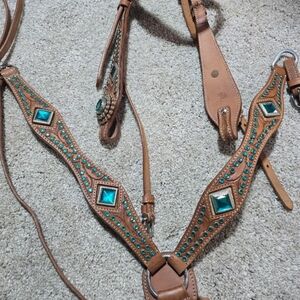 Brown Leather Horse Tack with Turquoise Accents